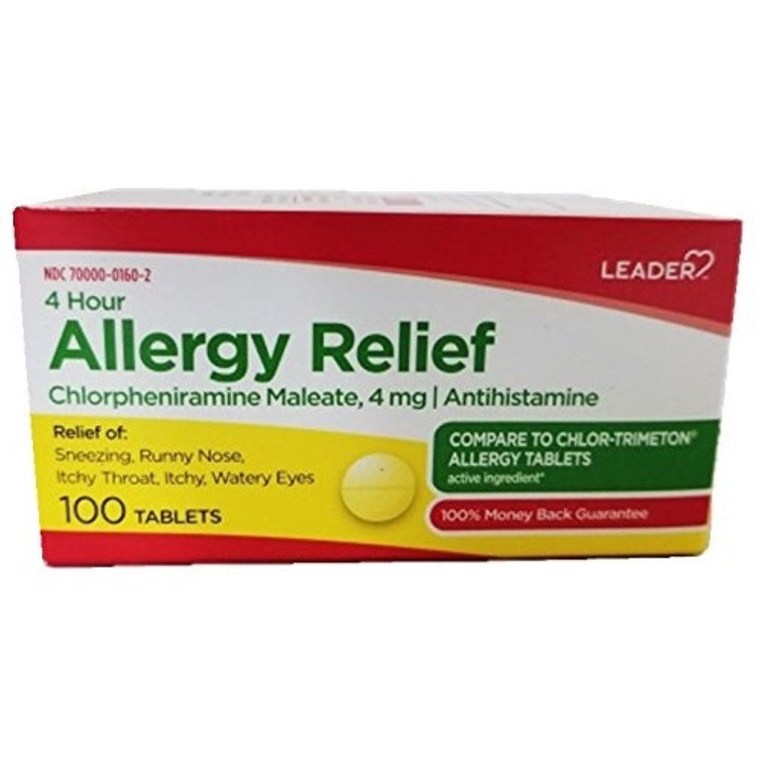 Leader 4-Hour Allergy Relief Antistaminico 100 Compresse Clorfenamina 4mg