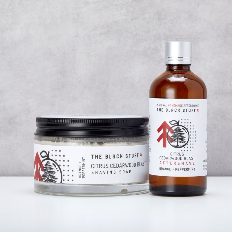 The Black Stuff Citrus Cedarwood set rasatura sapone e splash