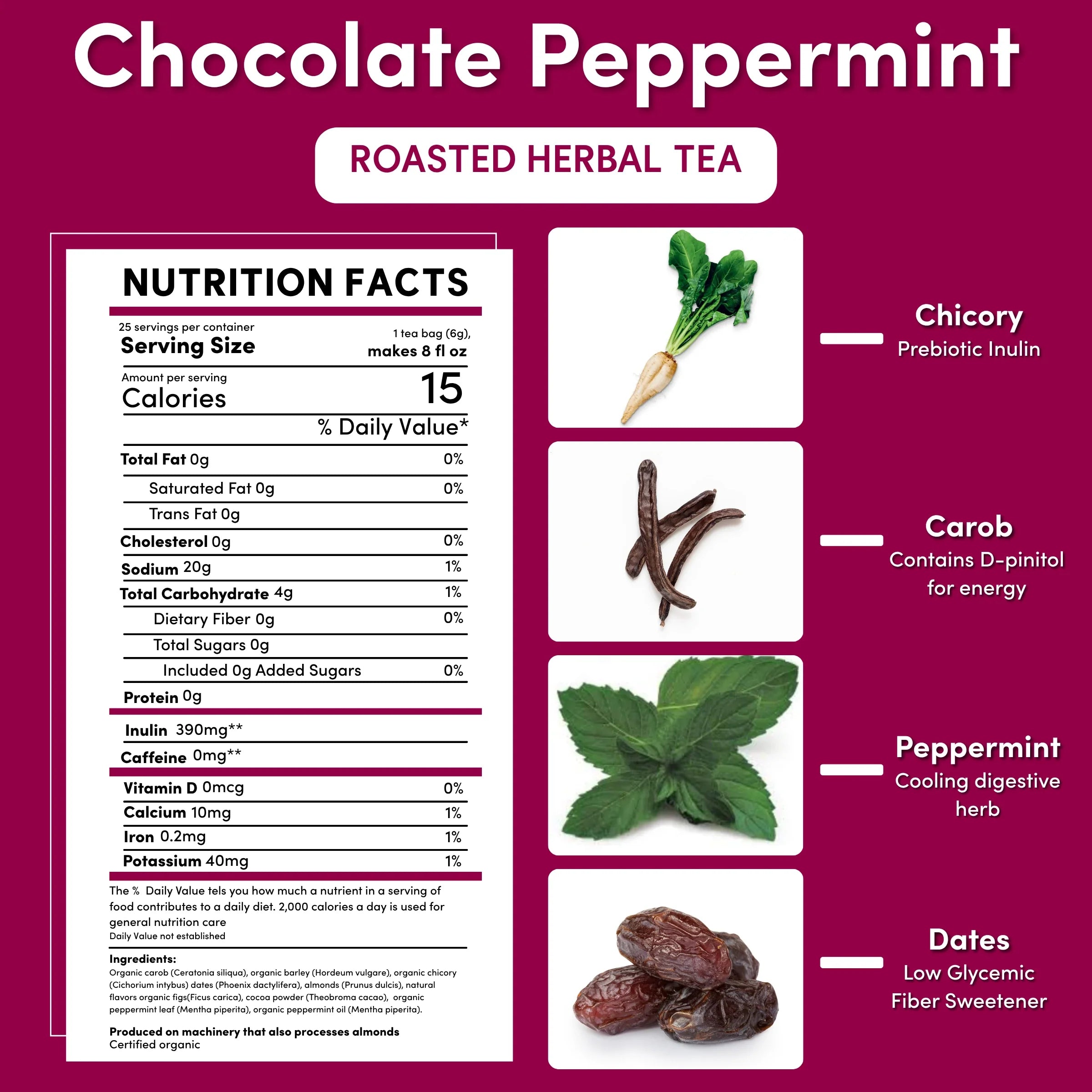 Teeccino Chocolate Peppermint Tisana Cacao Menta 25 Bustine